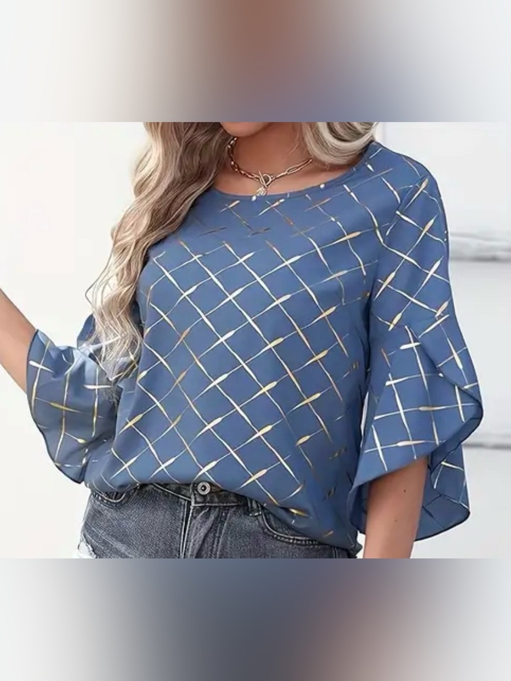 SHEIN Spring Shirt Shimmery Gold Geometric Plaid Shirt, Size Med